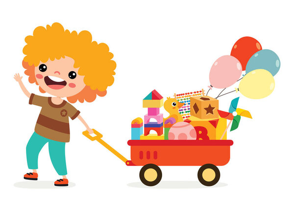Cartoon Kid Pulling Wagon Toys
