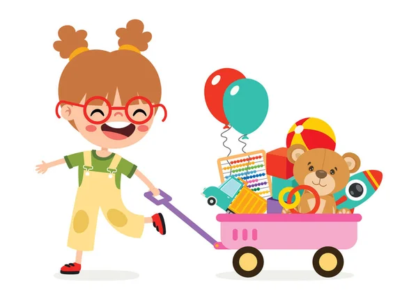 stock vector Cartoon Kid Pulling Wagon Toys