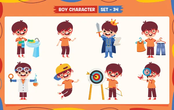 Cartoon Boy Doing Various Activities — Stock Vector
