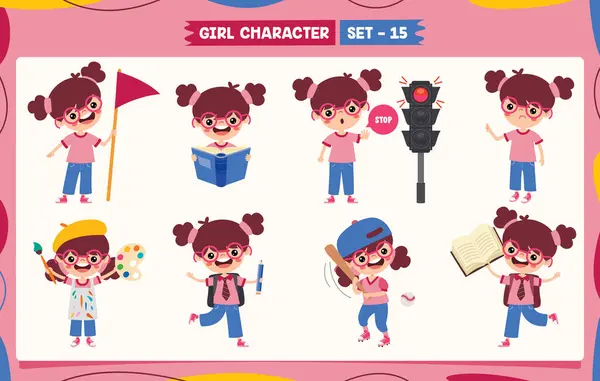 Cartoon Girl Doing Various Activities — Stock Vector