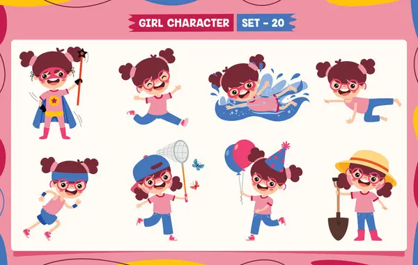 Cartoon Girl Csinál Különböző Tevékenységek Stock Illusztrációk