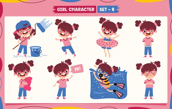Cartoon Girl Csinál Különböző Tevékenységek Vektor Grafikák