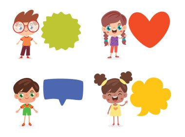 Konuşma baloncuklarıyla poz veren Mutlu Çocuklar