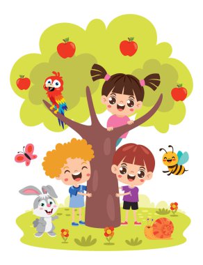 Çizgi filmdeki çocuklar ağaçta oynuyor.