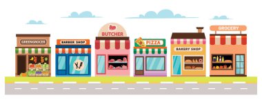 Çeşitli mağazaları olan bir şehir manzarası