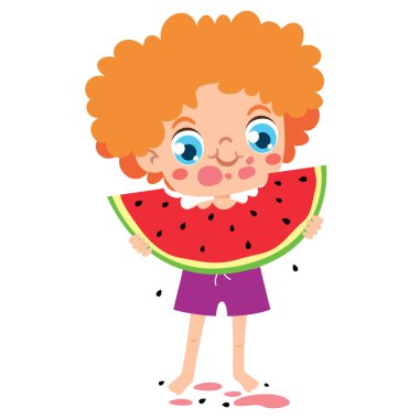 Tatlı çizgi film çocuğu karpuz yiyor.