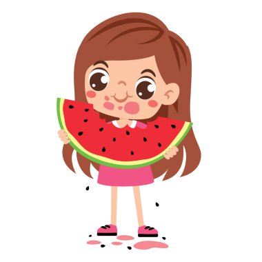 Tatlı çizgi film çocuğu karpuz yiyor.