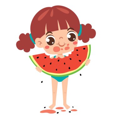 Tatlı çizgi film çocuğu karpuz yiyor.