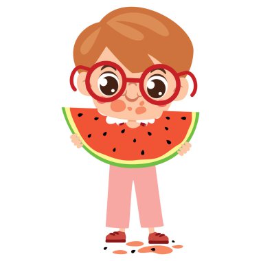 Tatlı çizgi film çocuğu karpuz yiyor.