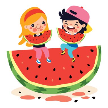Tatlı çizgi film çocuğu karpuz yiyor.