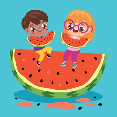 Tatlı çizgi film çocuğu karpuz yiyor.