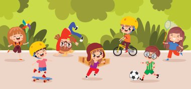 Komik çizgi film çocukları dışarıda oynuyor.