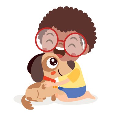 Çizgi filmdeki çocuk köpekle oynuyor.