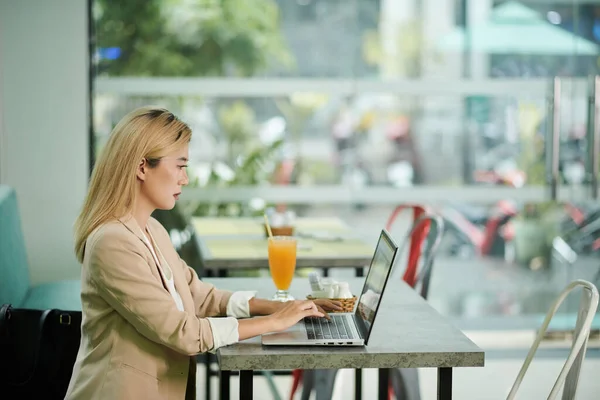 在咖啡店用笔记本电脑工作的认真的女商人 — 图库照片