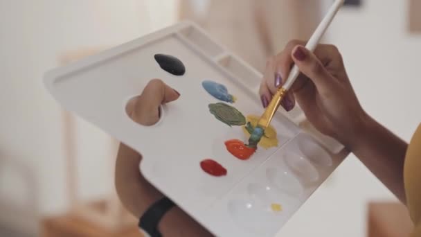 パレットを持つ女性画家のショットを閉じ ブラシで油絵具の色を混合 — ストック動画