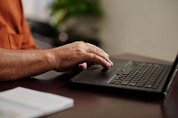 Hands Aged Man Working Laptop Paying Bills Shopping Online Checking — ストック写真