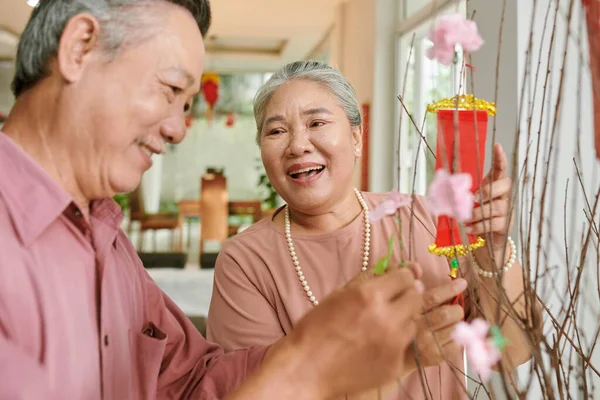 Joful Senior Couple Decorating Peach Tree Home Tet Celebration — Stockfoto