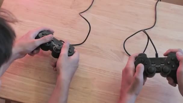 Top View Two Guys Controllers Playing Exciting Video Game Indoors — Vídeos de Stock