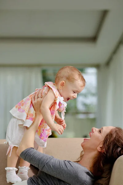 Joyful Mother Playing Baby Girl Enjoying Motherhood — Stock fotografie