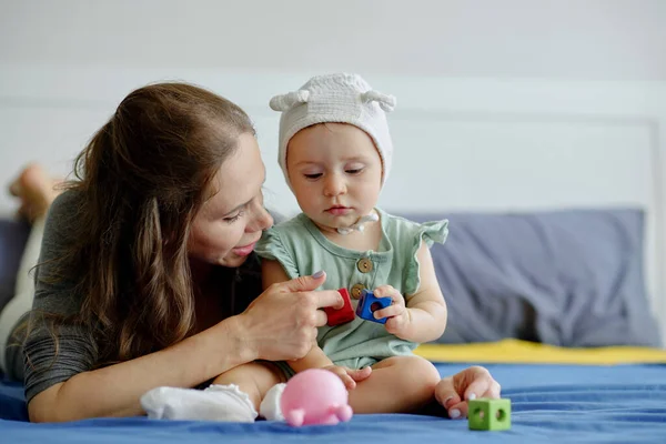 Mother Showing New Wooden Toys Baby Girl Playing Together — Φωτογραφία Αρχείου