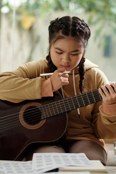 Talented Pensive Girl Creating New Song Writing Music Notes — Stock Photo, Image