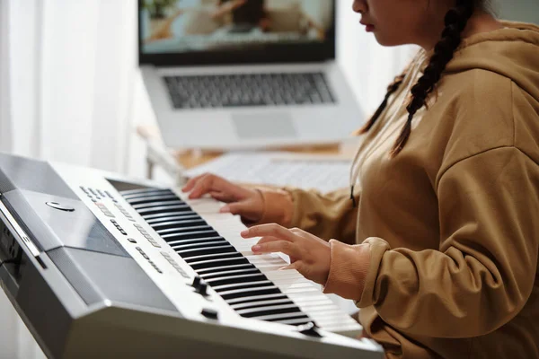 Closeup Image Girl Playing New Song Synthesizer Having Online Class — Stok fotoğraf