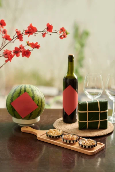 Pickled Vegetables Watermelon Bottle Wine Rice Cake Tet Dinner Table — Stock fotografie