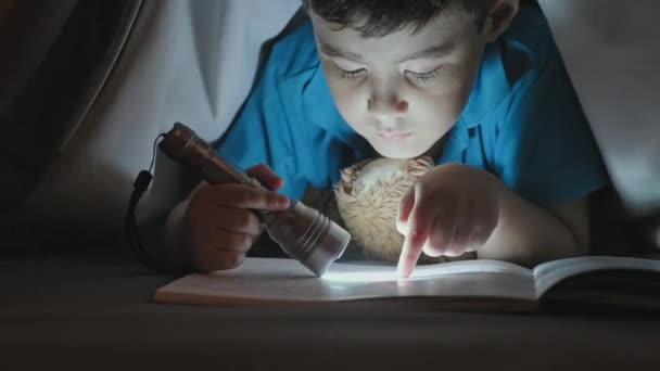 Little Asian Kid Reading Book Flashlight While Lying Bed Blanket — 비디오