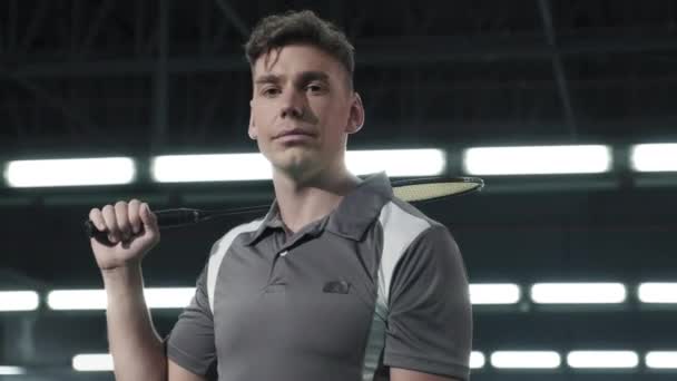 Portrait Athletic Man Sportswear Holding Racket His Shoulder Posing Camera — 图库视频影像