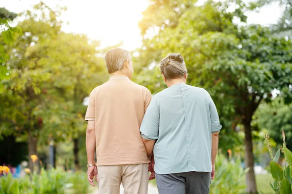 Senior Couple Holding Hands Walking Outdoors View Back — Stock Fotó