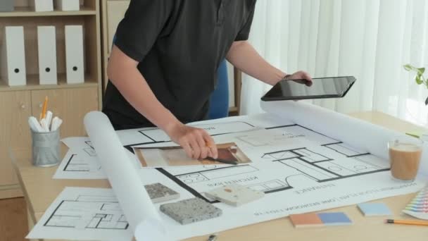 Tilt Portrait Shot Young Asian Architect Working Blueprints Digital Tablet — Video Stock