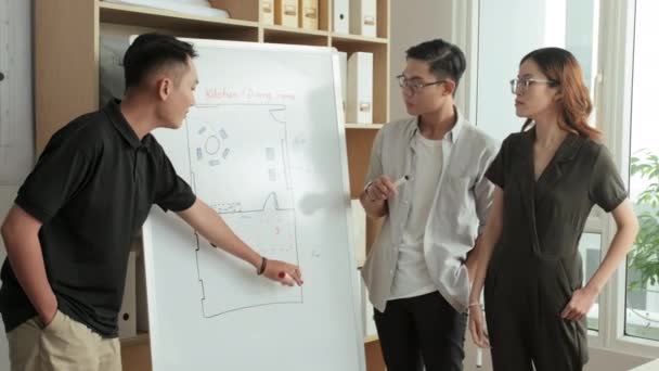 研究室で建築プロジェクトに取り組みながら フリップチャート上のフロアプランについて議論する若いアジアの学生のグループ — ストック動画