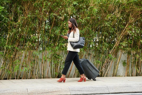 Serious Elegant Woman Reading Message Smartphone Walking Street Suitcase — Stock Photo, Image