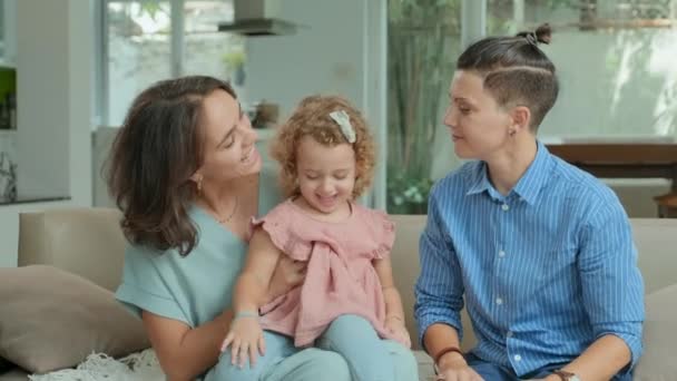 Slowmo Two Happy Caucasian Lesbian Women Playing Beloved Daughter Home — Wideo stockowe