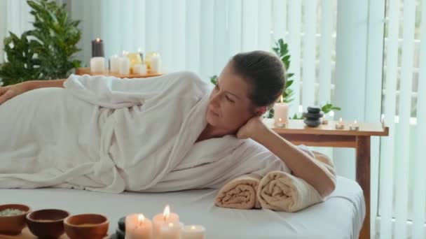 Portrait Young Attractive Caucasian Woman White Bathrobe Relaxing Massage Bed — Wideo stockowe