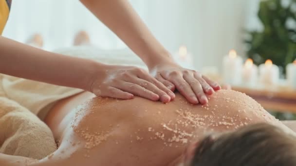 Young Woman Relaxing Lounger Calming Salt Scrub Massage Luxurious Bright — Stok video