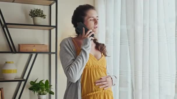 怀孕妇女站在窗边 抚摸着肚子 用手机交谈 — 图库视频影像