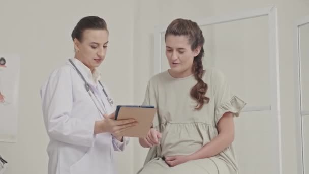 妊婦や女医が診察中にタブレット画面で何かを話し合う — ストック動画