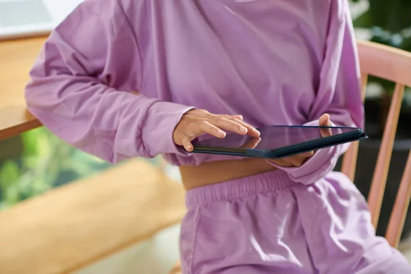 Cropped Image Girl Lavender Loungewear Playing Game Digital Tablet — ストック写真