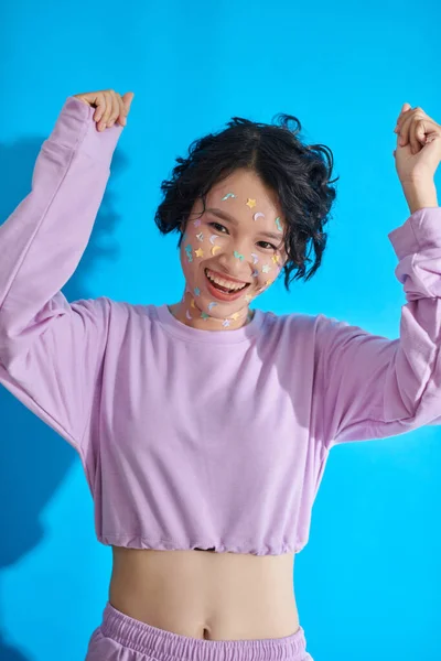 Portrait Joyful Girl Stickers Face Dancing — Foto de Stock