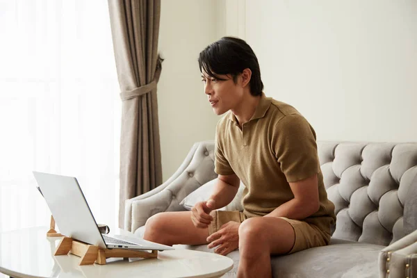 Young Man Making Video Call Talk Colleagues Working Home — Stockfoto