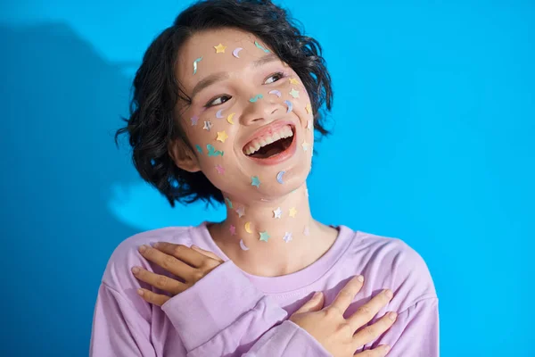 Portrait Joyful Teenage Girl Stickers Her Face Isolated Blue — Stock Photo, Image