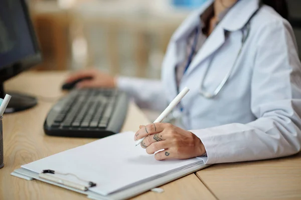 Cropped Image Physician Checking Patients Medical History Database Computer Taking — Stock Photo, Image