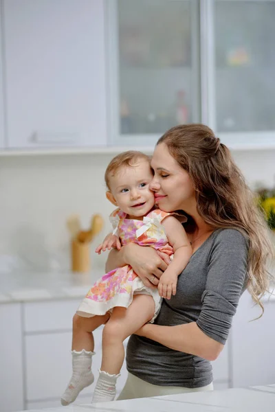 Joyful Mother Hugging Little Daughter Expessing Her Love Care — Stock Photo, Image