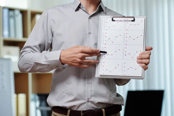 Close Young Businessman Shirt Pointing Financial Document Graphs Clipboard While — Stock Photo, Image