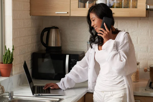 Smiling Young Woman Pajamas Robe Andswering Phone Call Colleague Checking — Stock Photo, Image