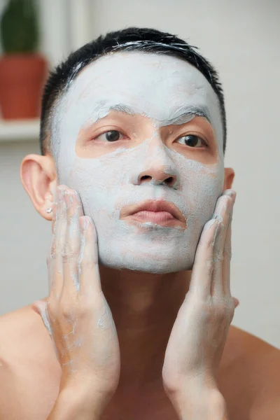 Portrait Young Asian Man Applying White Mud Mask Cleanse Tighten — Stock Photo, Image