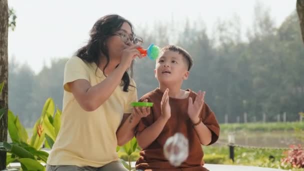 亚洲母亲和小儿子坐在公园的长椅上 一边在户外玩乐 一边吹肥皂泡 — 图库视频影像