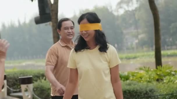 Handhållen Kamera Bild Ögonbindel Asiatisk Kvinna Leende Och Spela Blinda — Stockvideo
