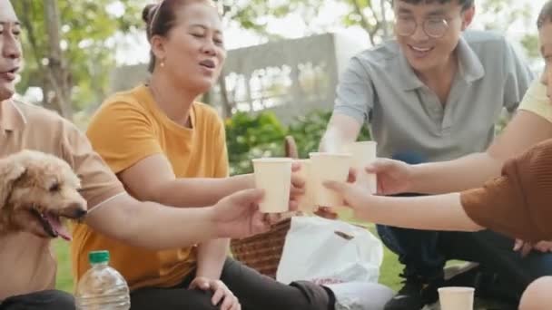 在公园野餐时 举着拍下的快乐的亚洲家庭夫妇 祖父母和小儿子在烤面包和饮料中熟制塑料杯的镜头 — 图库视频影像
